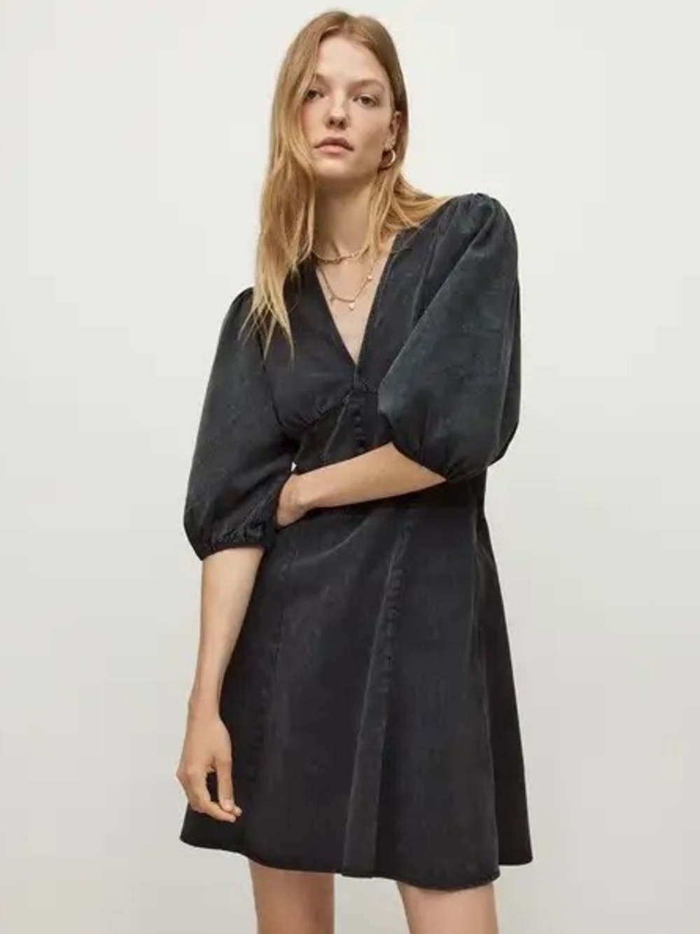 AllSaints Black Puff-Sleeve V-Neck Mini Dress